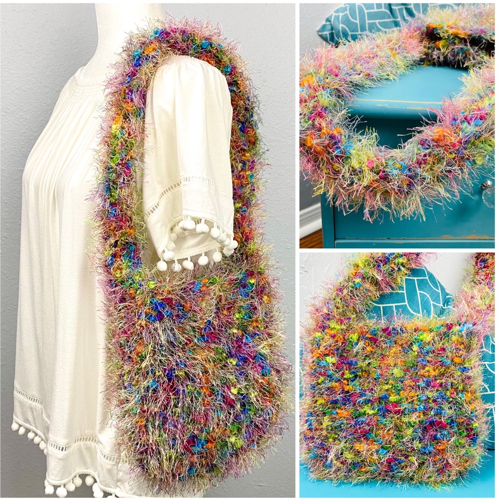 Hobo Shoulder Bag Rainbow Fuzzy Eyelash Yarn Bag